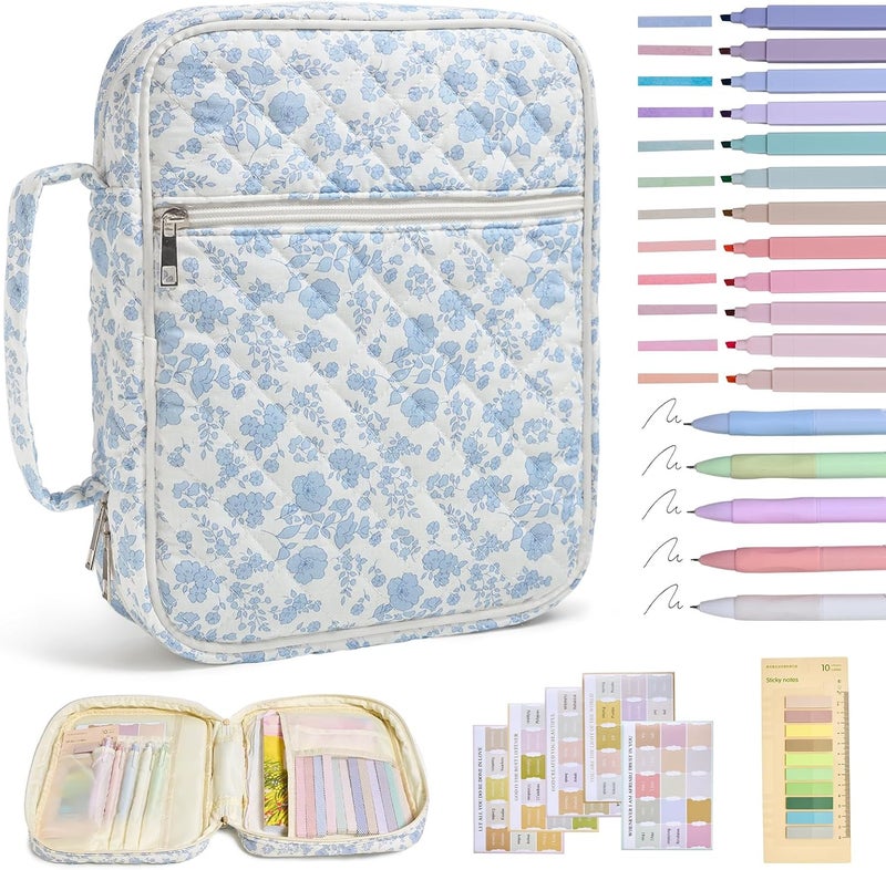 YKFLY Bible Cover Case for Women Large Bible Cover with Durable Handle Quilted Bible Carrying Case for Girls Bible Study Supplies Accessories (Blue Flower, Blue Flower) - Image 1
